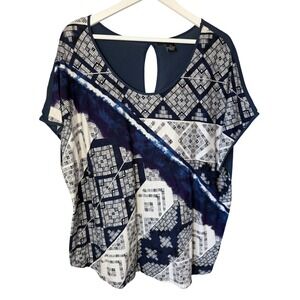 DKNY Women's 2X  Blue Geometric Print Short Sleeve Keyhole Boho Scoop Neck